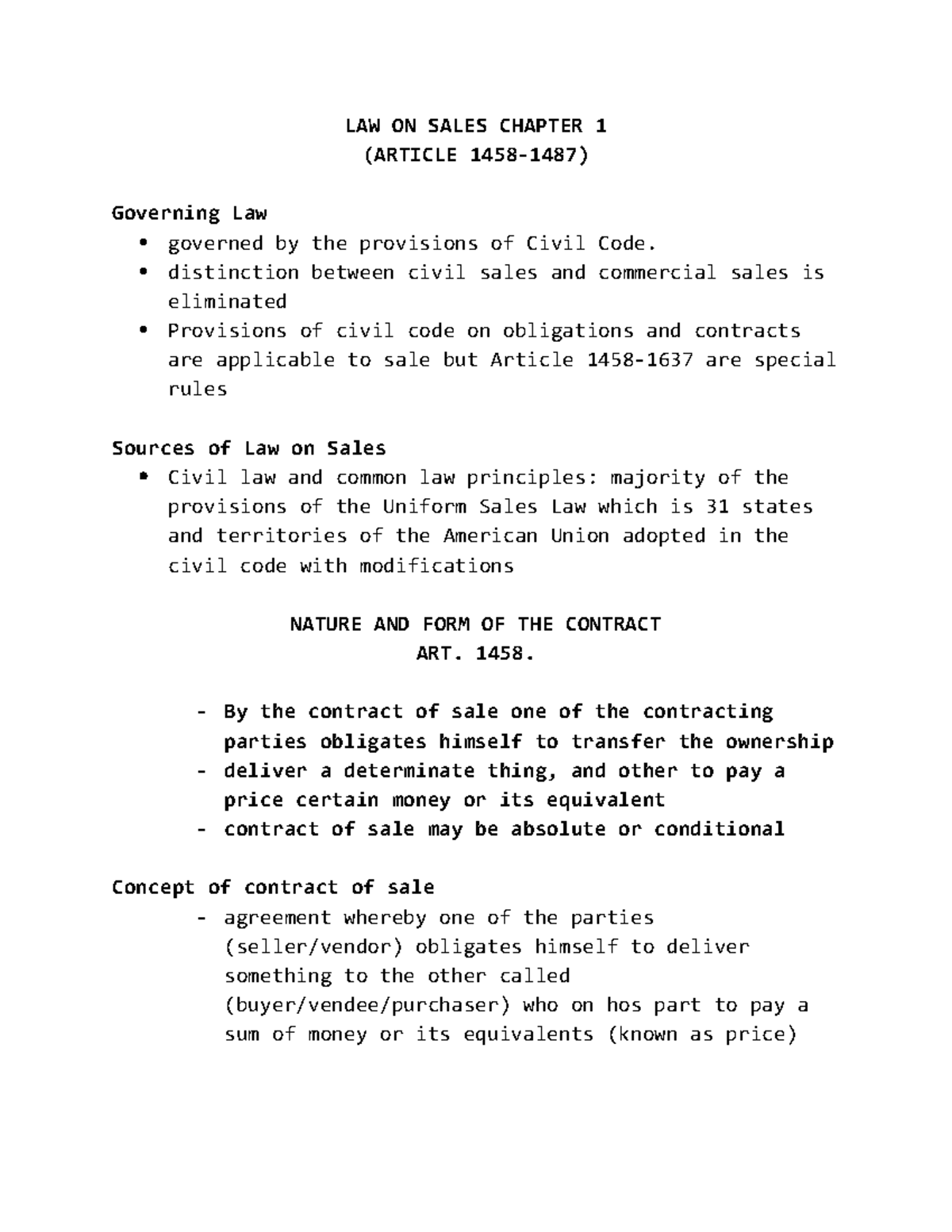 LAW ON Sales Chapter 1 - Lecture Notes 1 - LAW ON SALES CHAPTER 1 ...