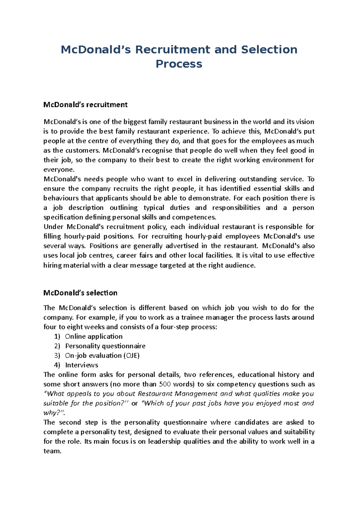 Mc Donald's recruitment and selection process McDonald’s Recruitment