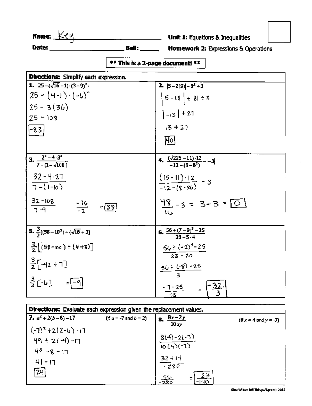 KEY2 Order of Operations - Name: Key Unit 1: Equations Inequalities ...