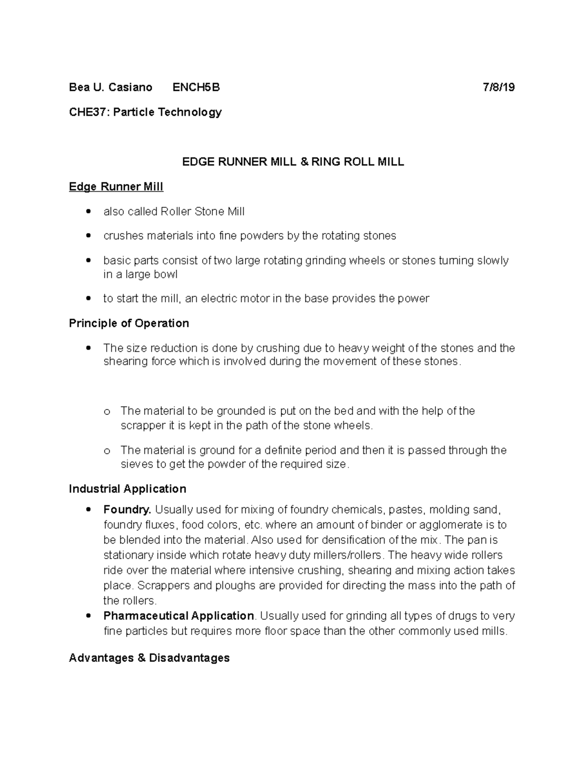 Particle Tech report Edge runner mill and ring roll mill Bea U. Casiano ENCH5B CHE37