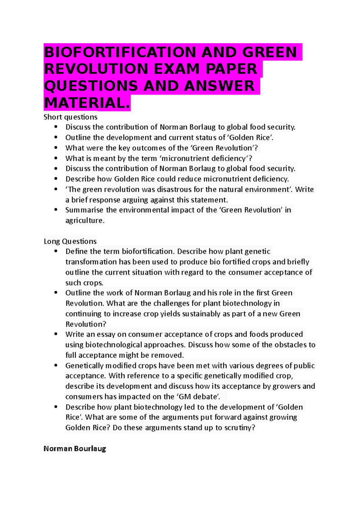 Biofortification AND Green Revolution EXAM Paper Questions AND Answer