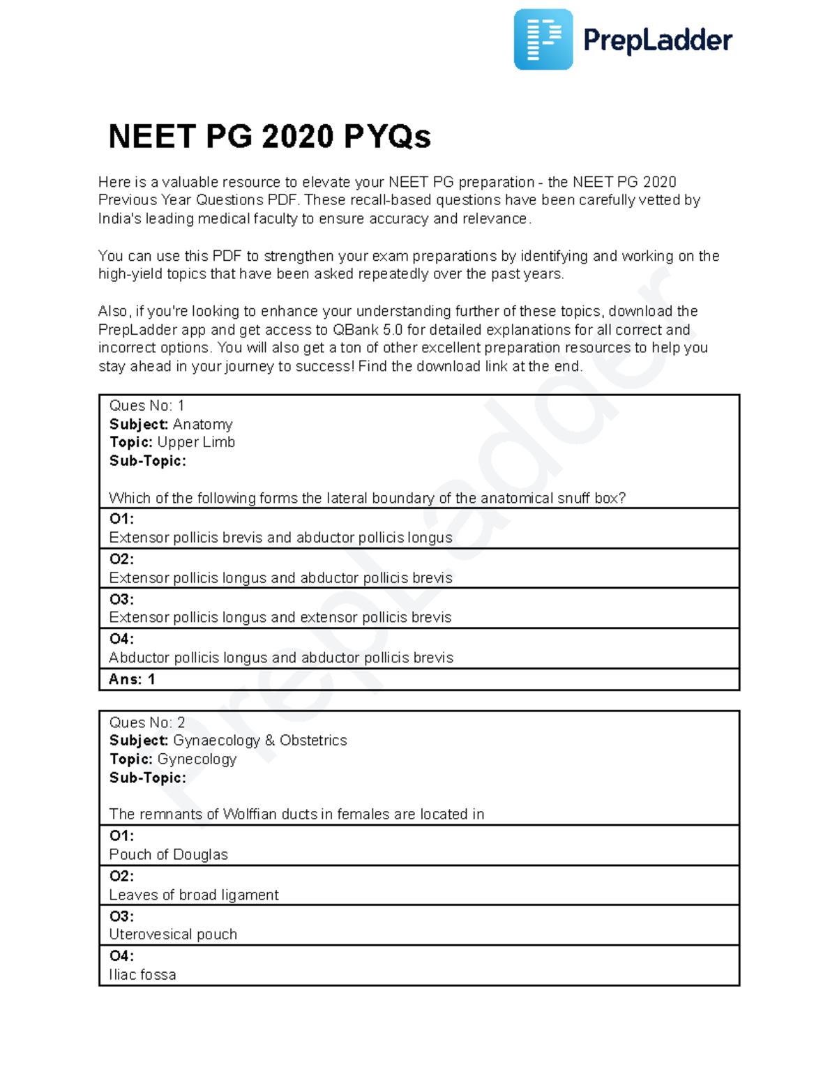 Neet PG 2020 PYQs - Previous year questions - PrepLadder NEET PG 2020 ...