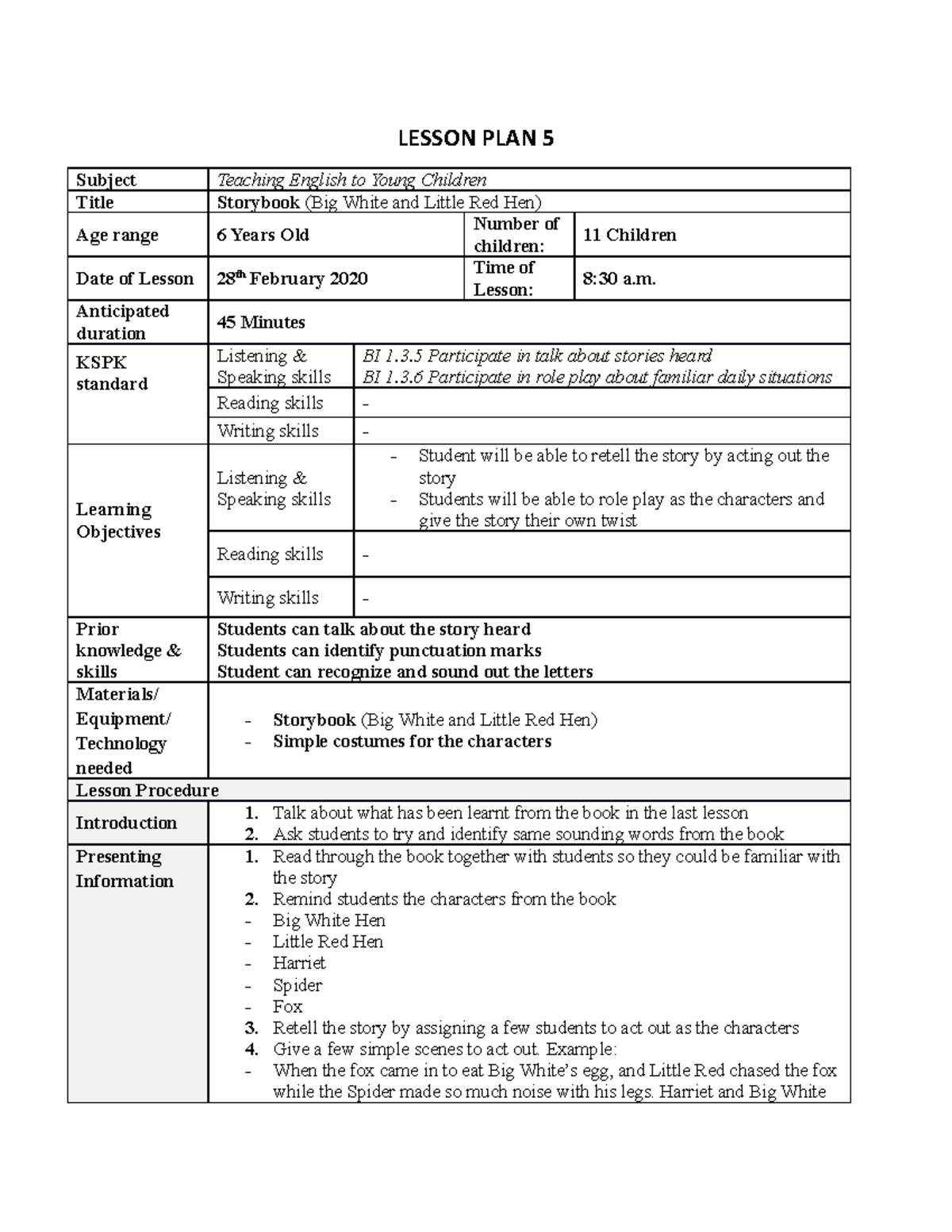 Lesson PLAN 5 - pls give ffedback - LESSON PLAN 5 Subject Teaching ...