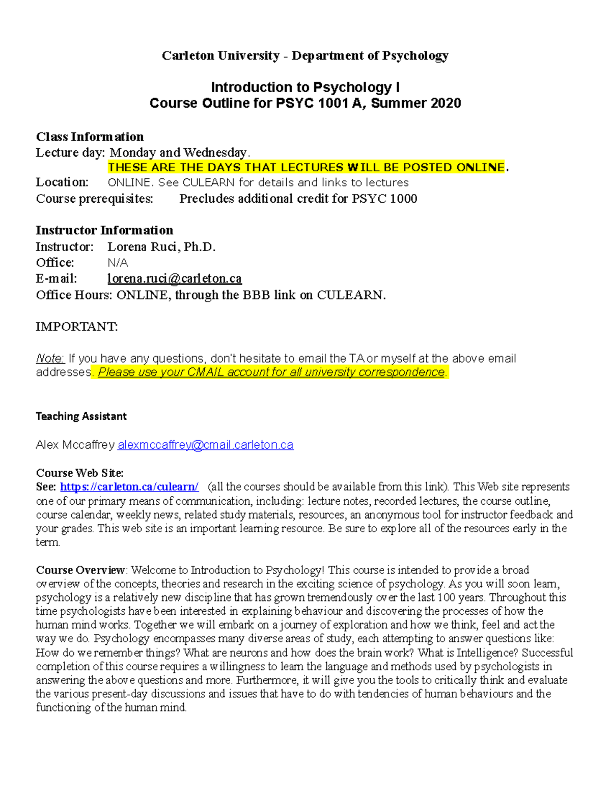 Syllabus Psyc 1001 A Summer 2020 - Carleton University - Department Of ...