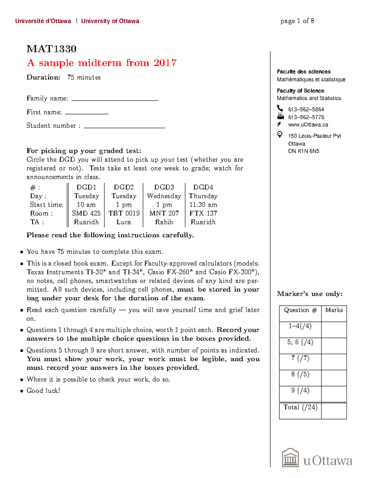 Sample Midterm 1 2017 solution - Facult ́e des sciences Math ́ematiques ...