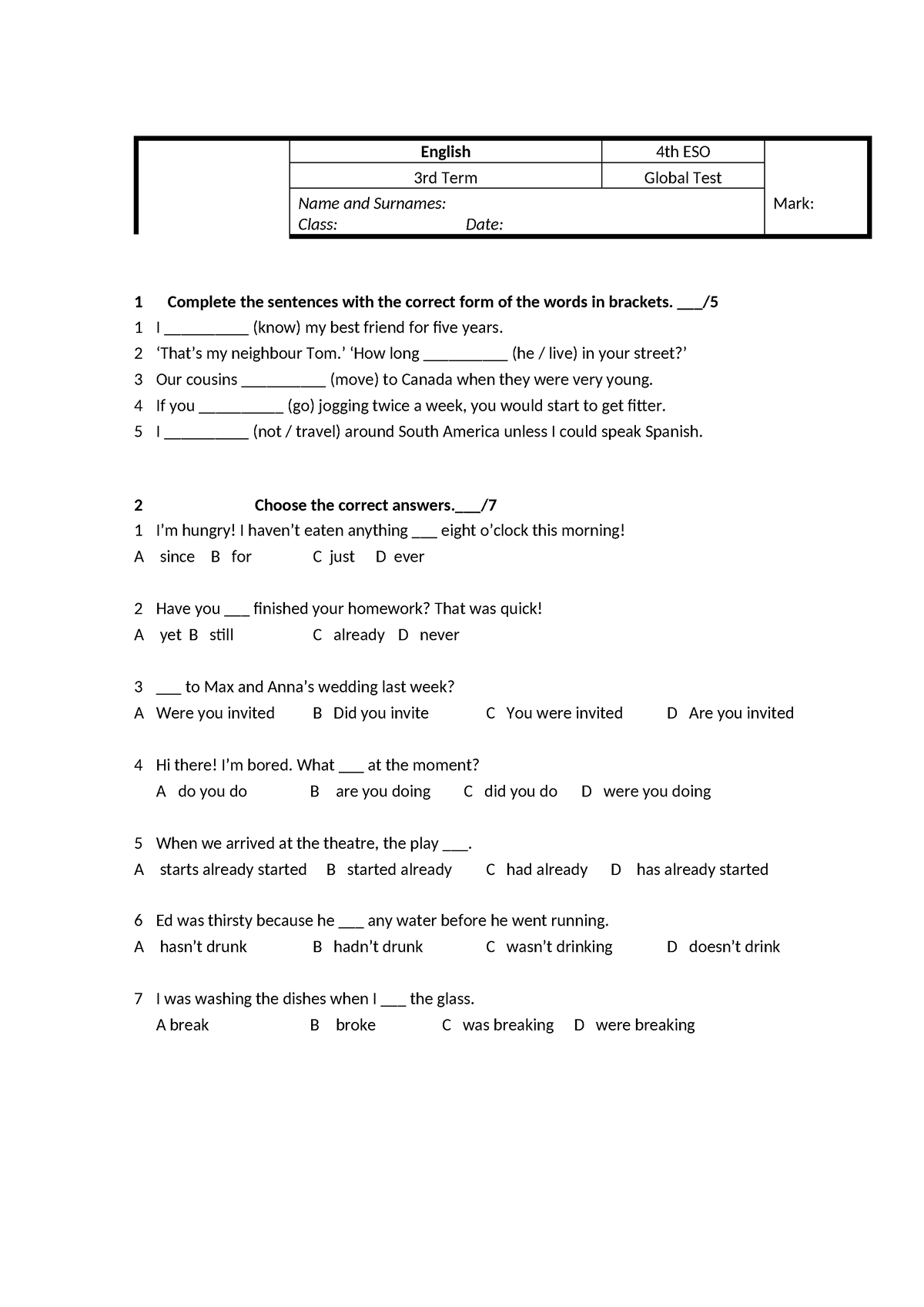 4 eso global 3ev - Actividades - English 4th ESO 3rd Term Global Test ...