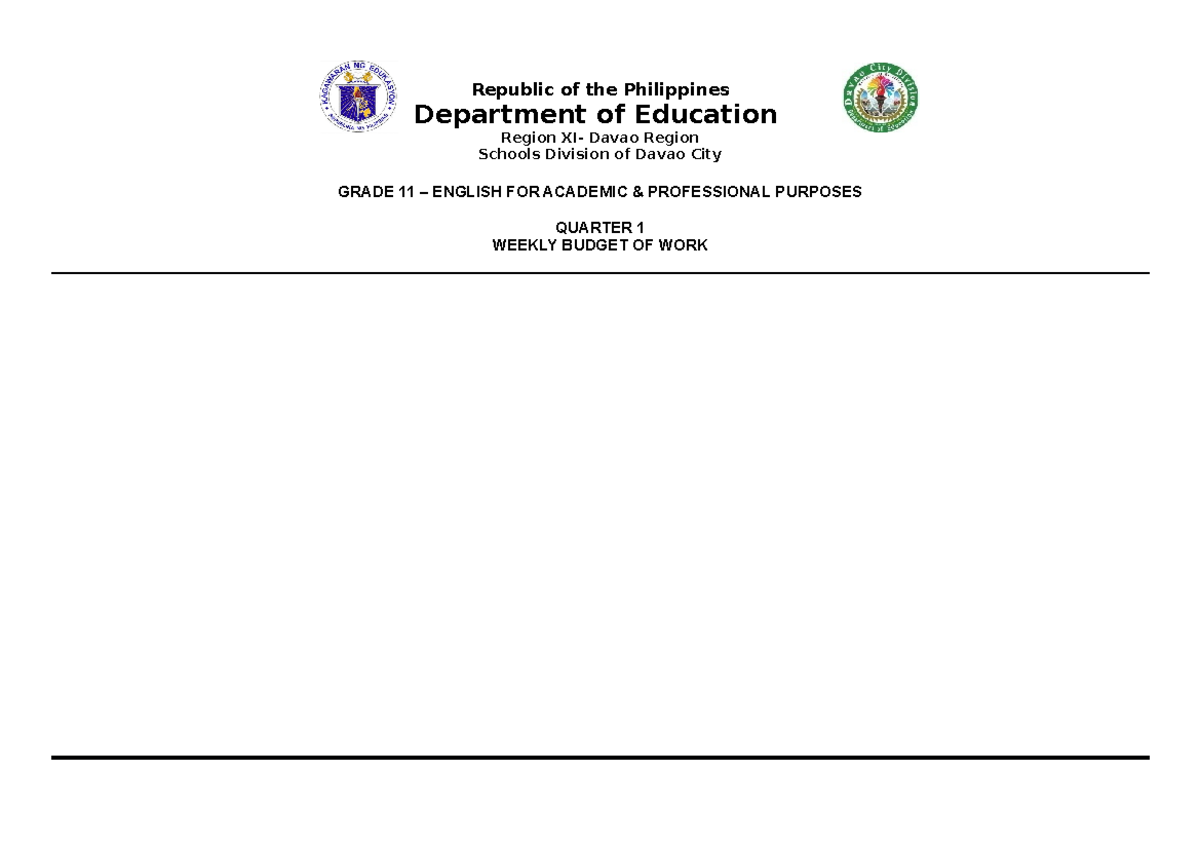 BOW EAPP Q1 - Budget of Work - Republic of the Philippines Department ...