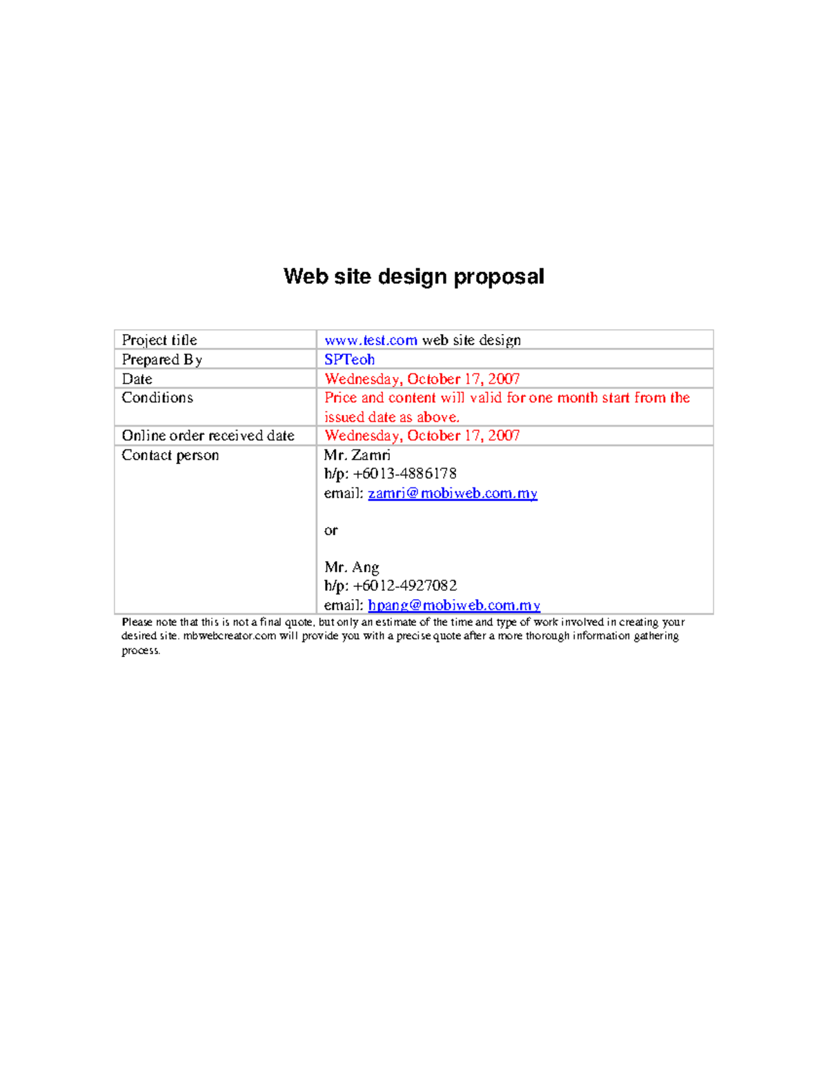 Sample website proposal - Web site design proposal Project title test ...