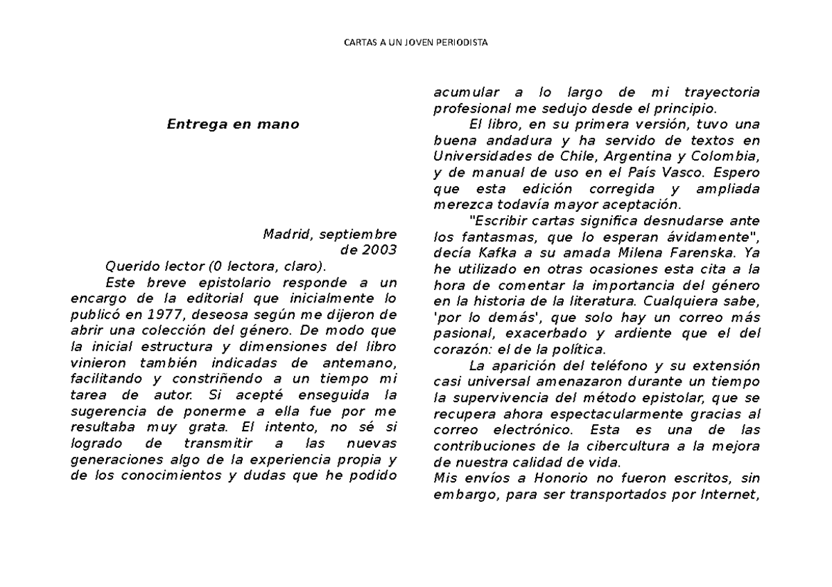 Cartas a un Joven Periodista 1 -2 - Entrega en mano Madrid, septiembre