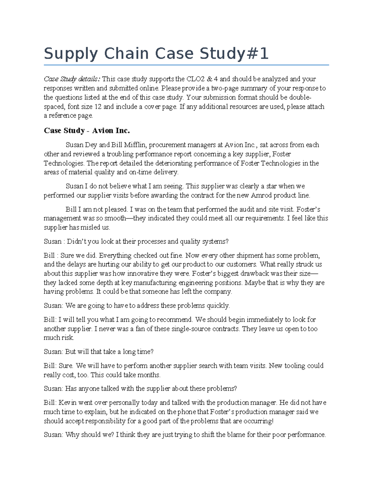 Week Supply Chain Case Study #1 - Supply Chain Case Study# Case Study ...