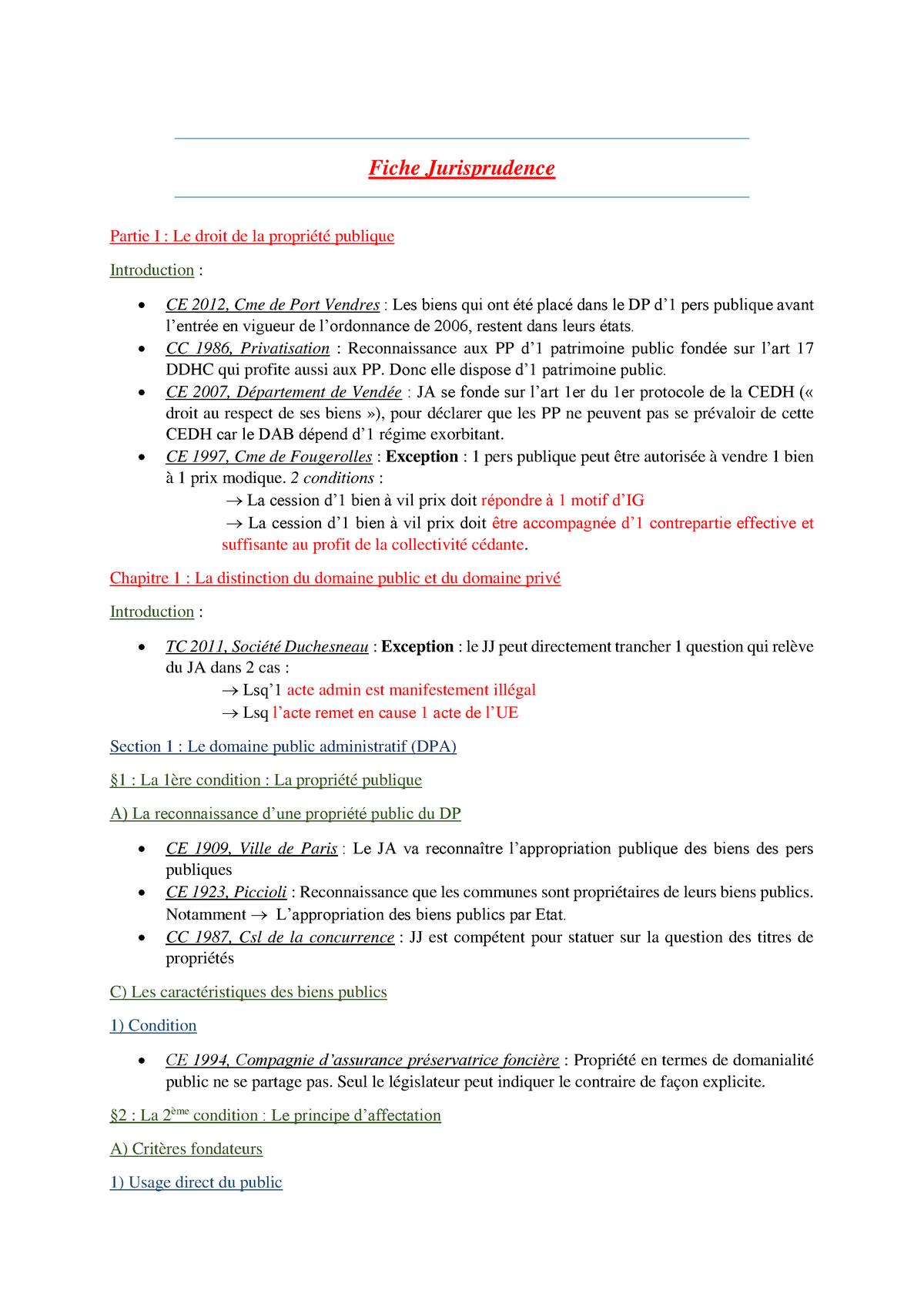 Fiche Jurisprudence  Fiche Jurisprudence Partie I  Le droit de la