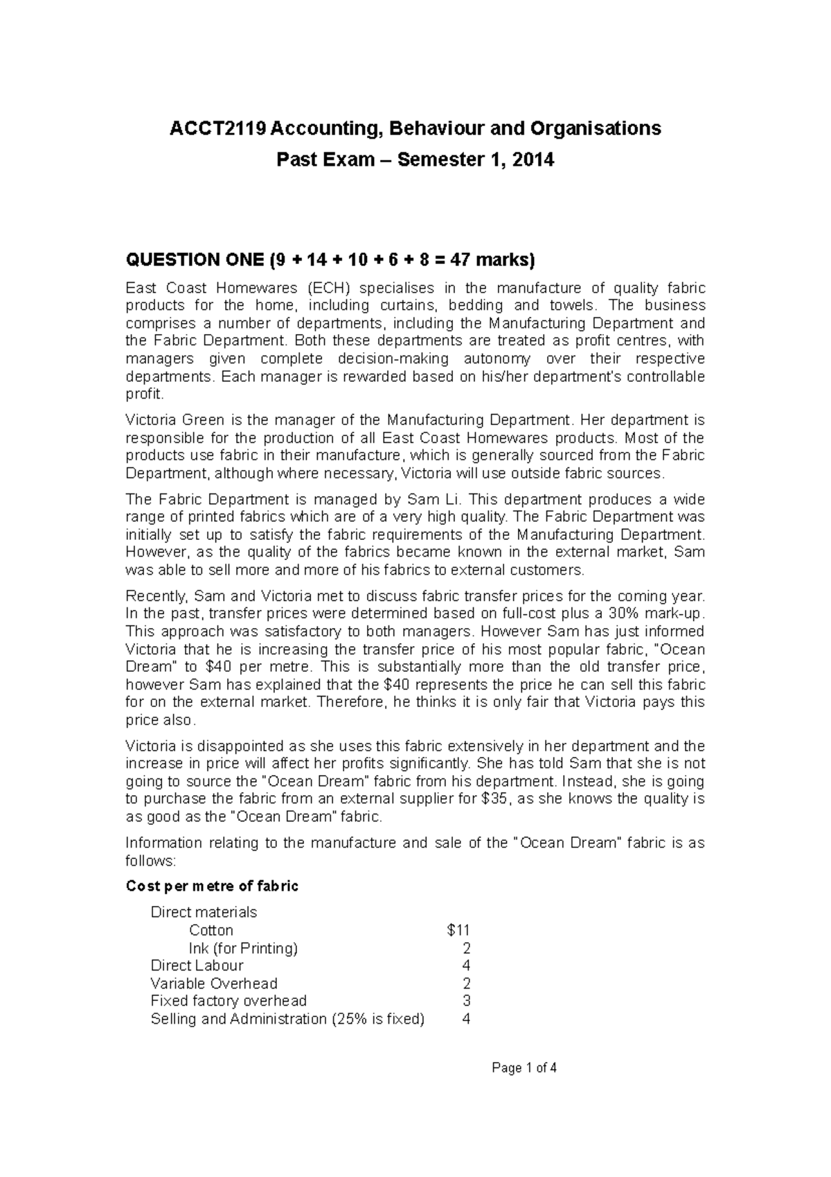 Exam 2014, questions - Final exam semester 1 - ACCT2119 Accounting ...