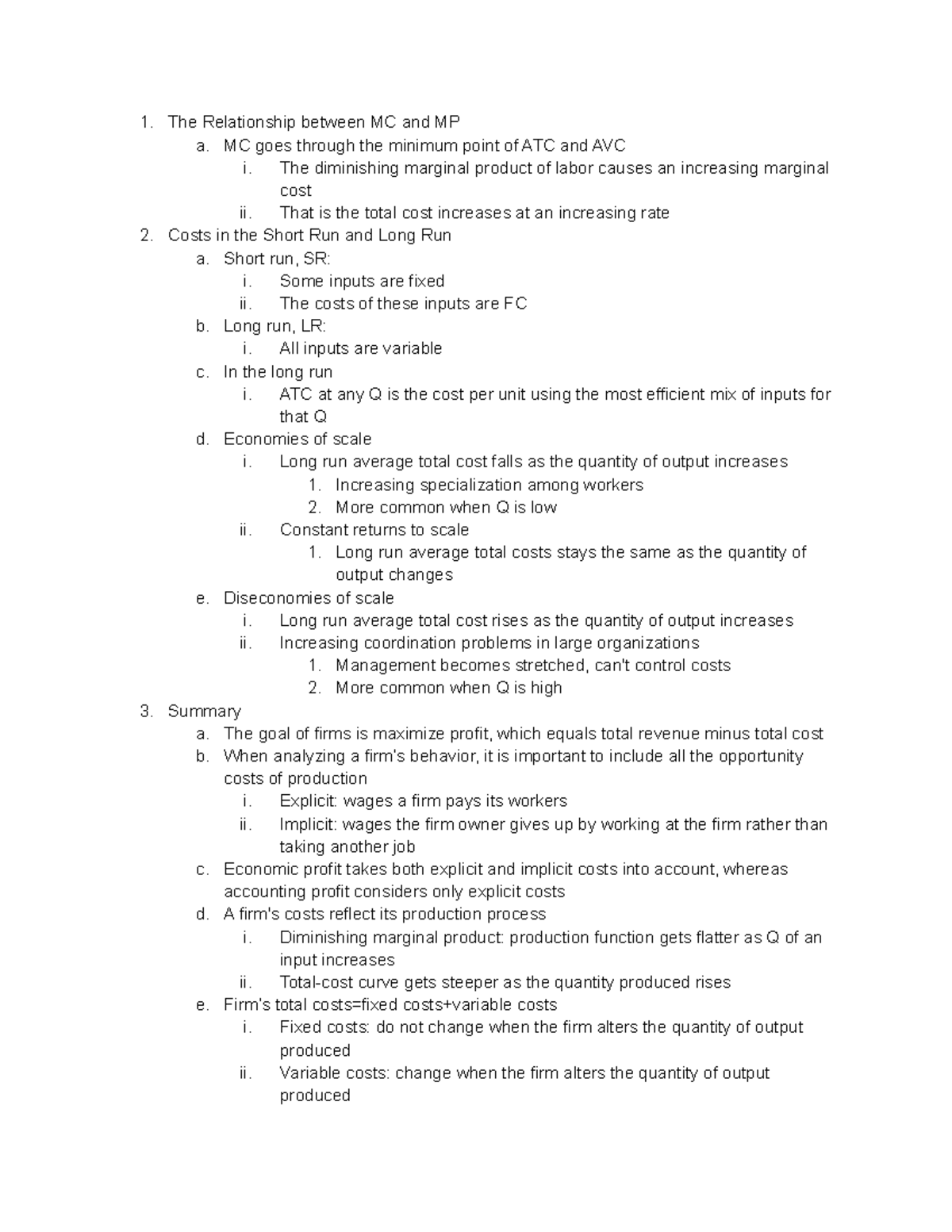 Econ Chapter 13 part 2 - The Relationship between MC and MP a. MC goes ...