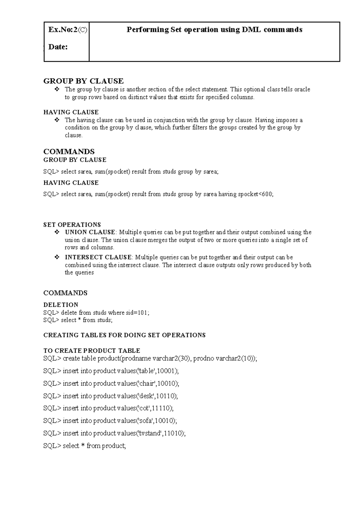 Ex 2c - Lab pgms - Ex 2c GROUP BY CLAUSE The group by clause is another ...