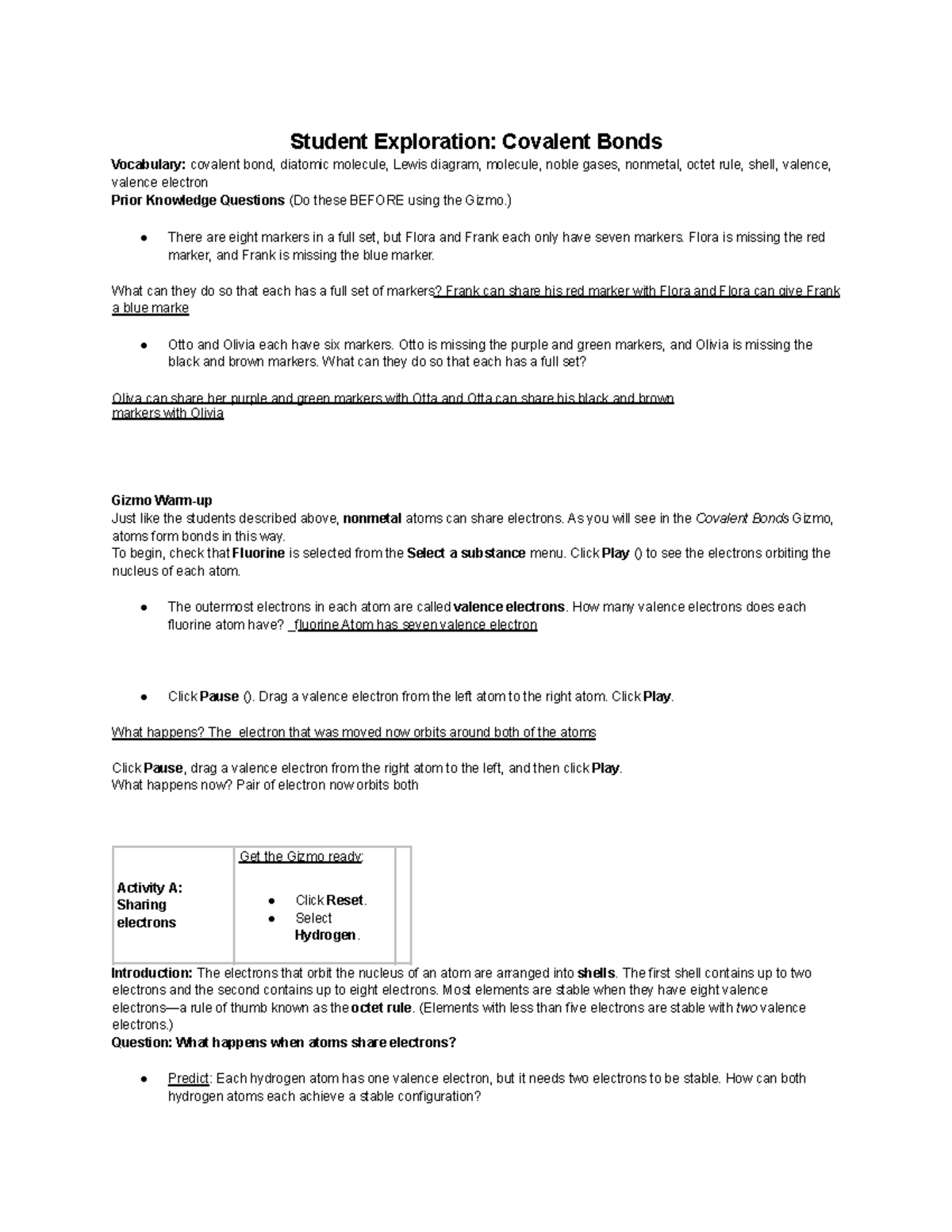 Student Exploration Covalent Bonds Gizmo Answer Key - Verified Academic ...