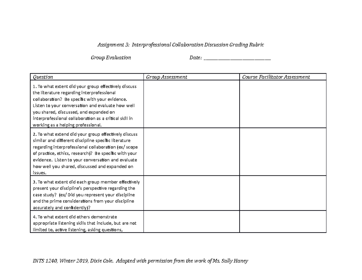 Interprofessional Collaboration Grading Rubric - Assignment 3 ...