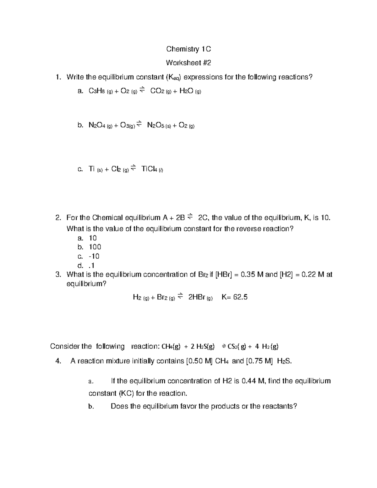 Chem-1C-Worksheet 2-Eqiulibria - Warning: TT: undefined function: 32 ...