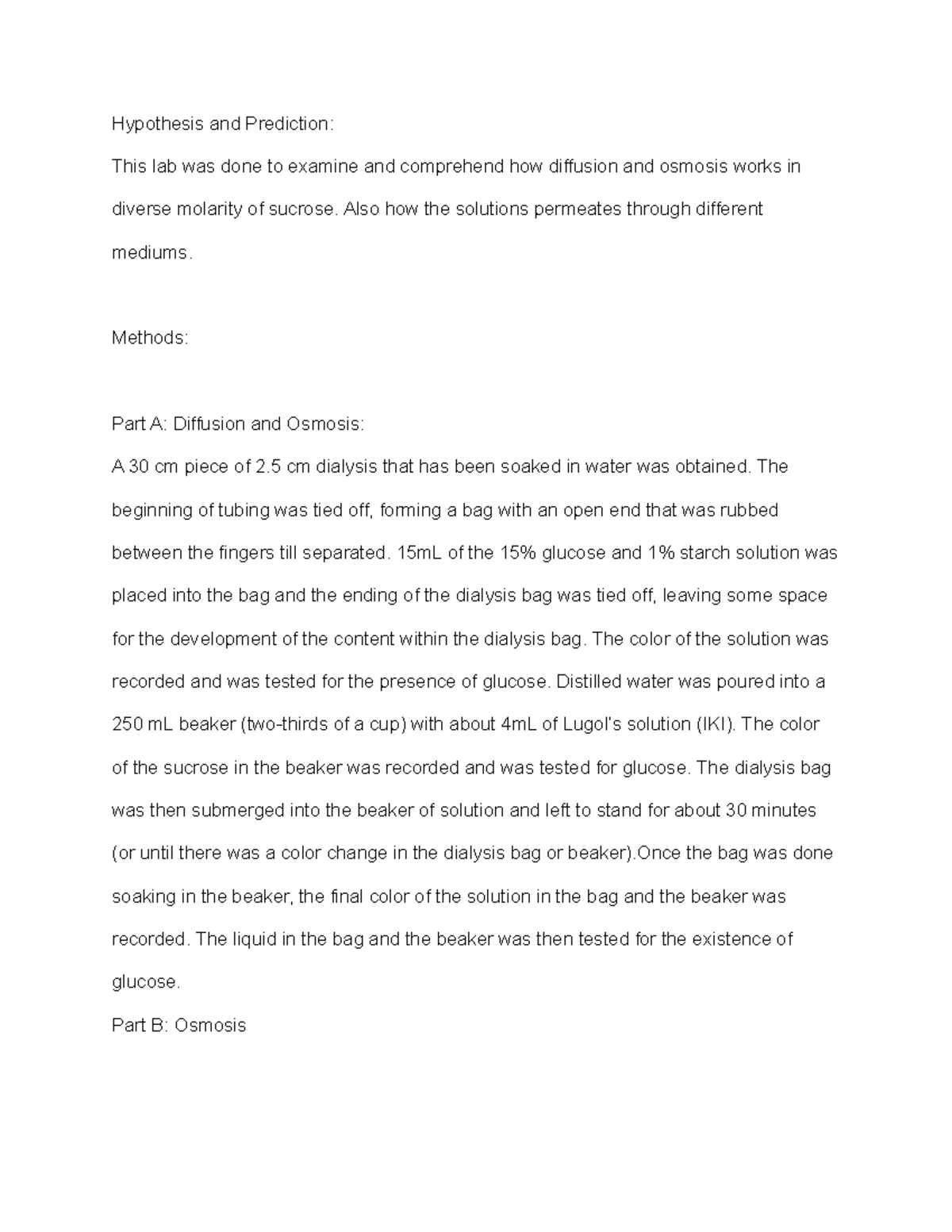Lab Report Diffusion and Osmosis Hypothesis and Prediction This lab