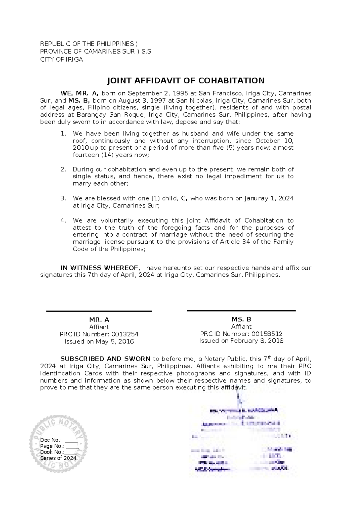 Joint Affidavit of Cohabitation - REPUBLIC OF THE PHILIPPINES ...