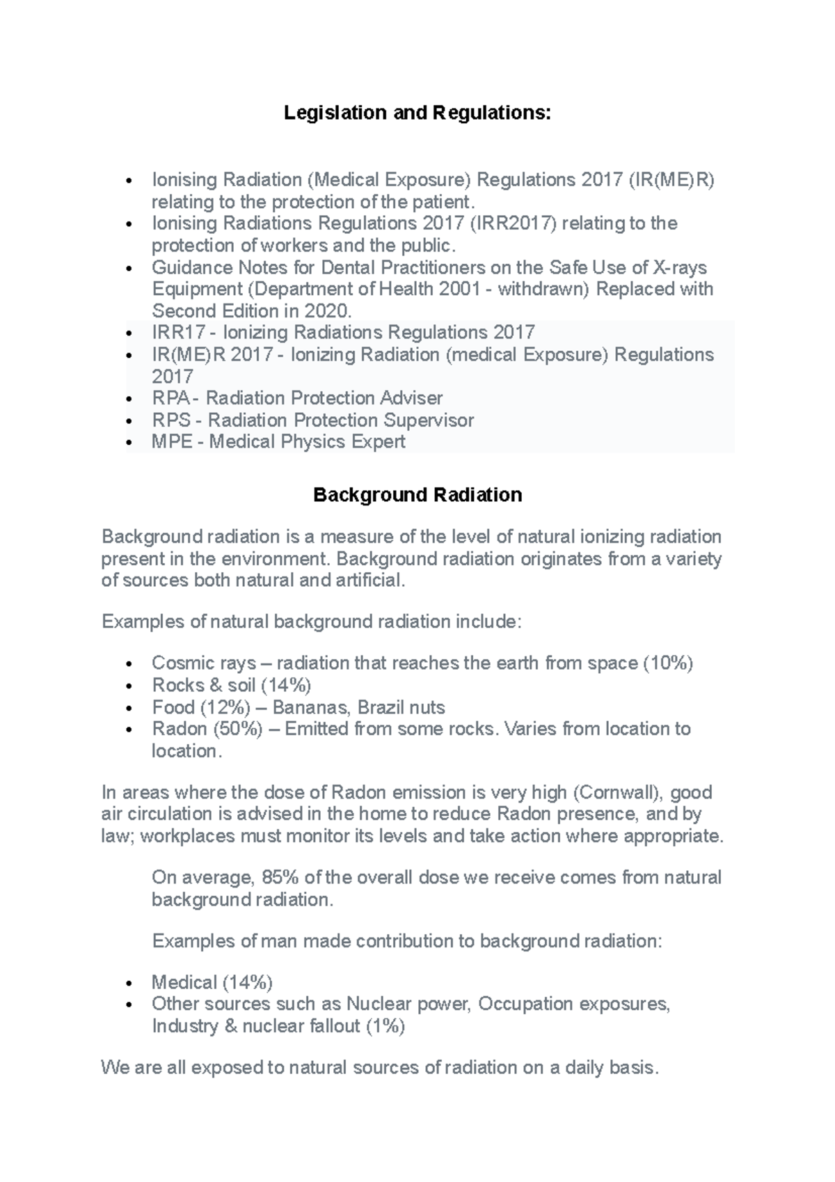 Radiology Legislation and Regulations Ionising Radiation (Medical