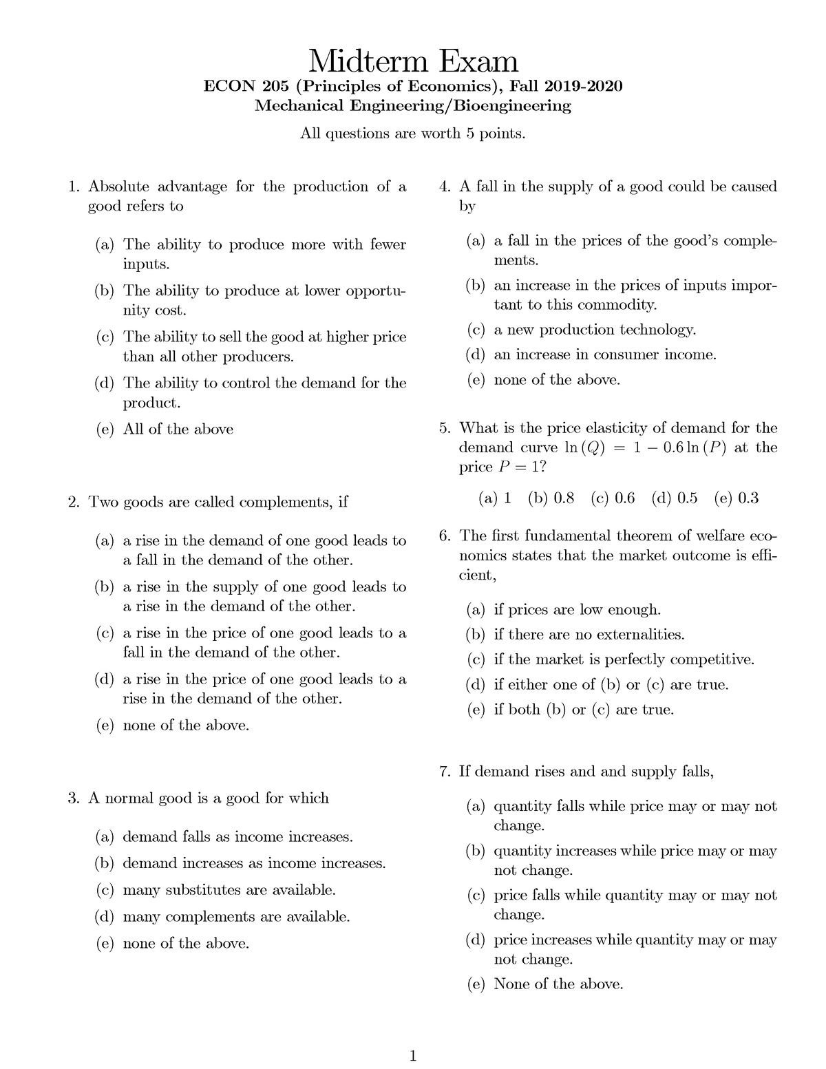 Sample Midterm - Midterm Exam ECON 205 (Principles Of Economics), Fall ...