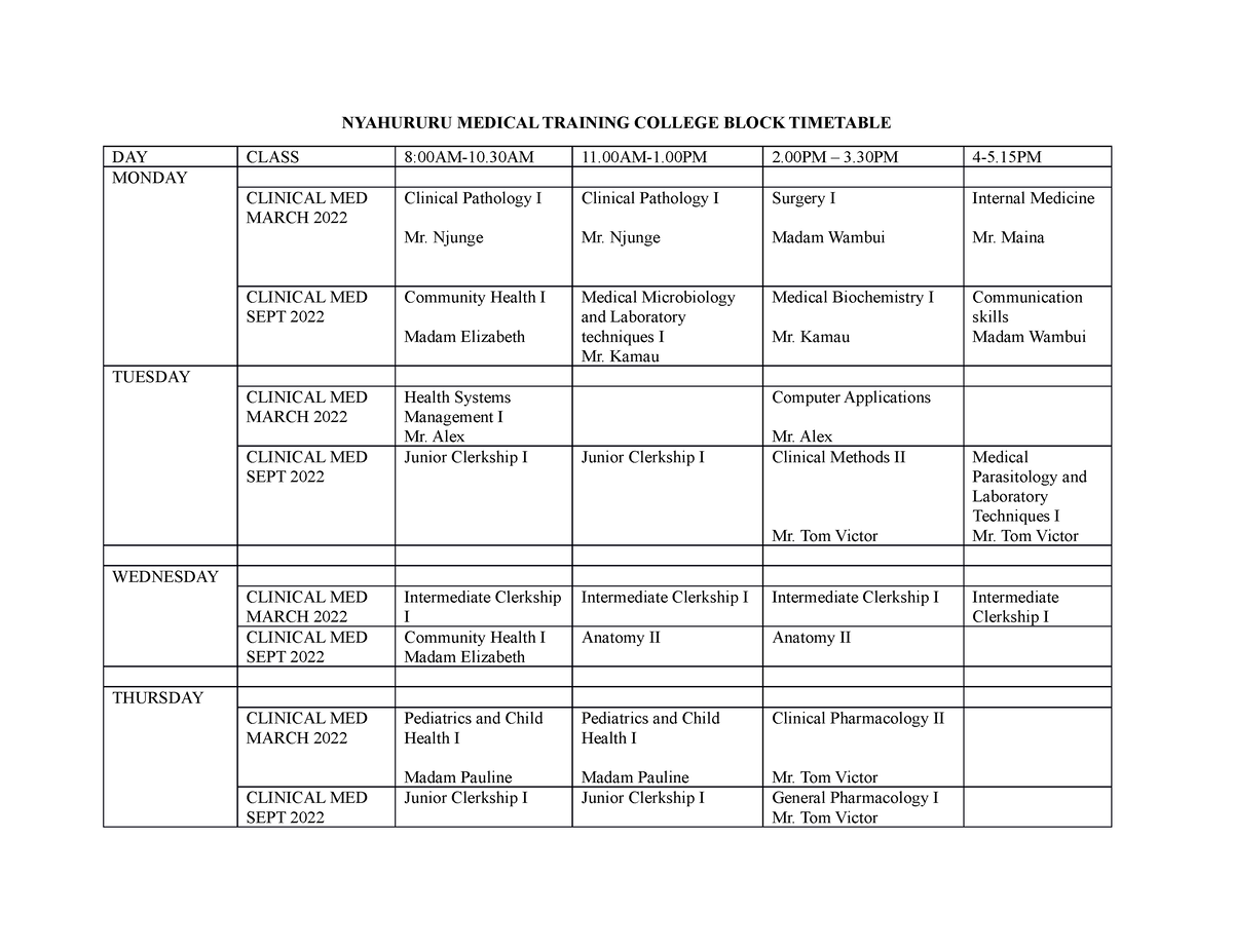 JAN- April 2023 Teaching TT - NYAHURURU MEDICAL TRAINING COLLEGE BLOCK ...