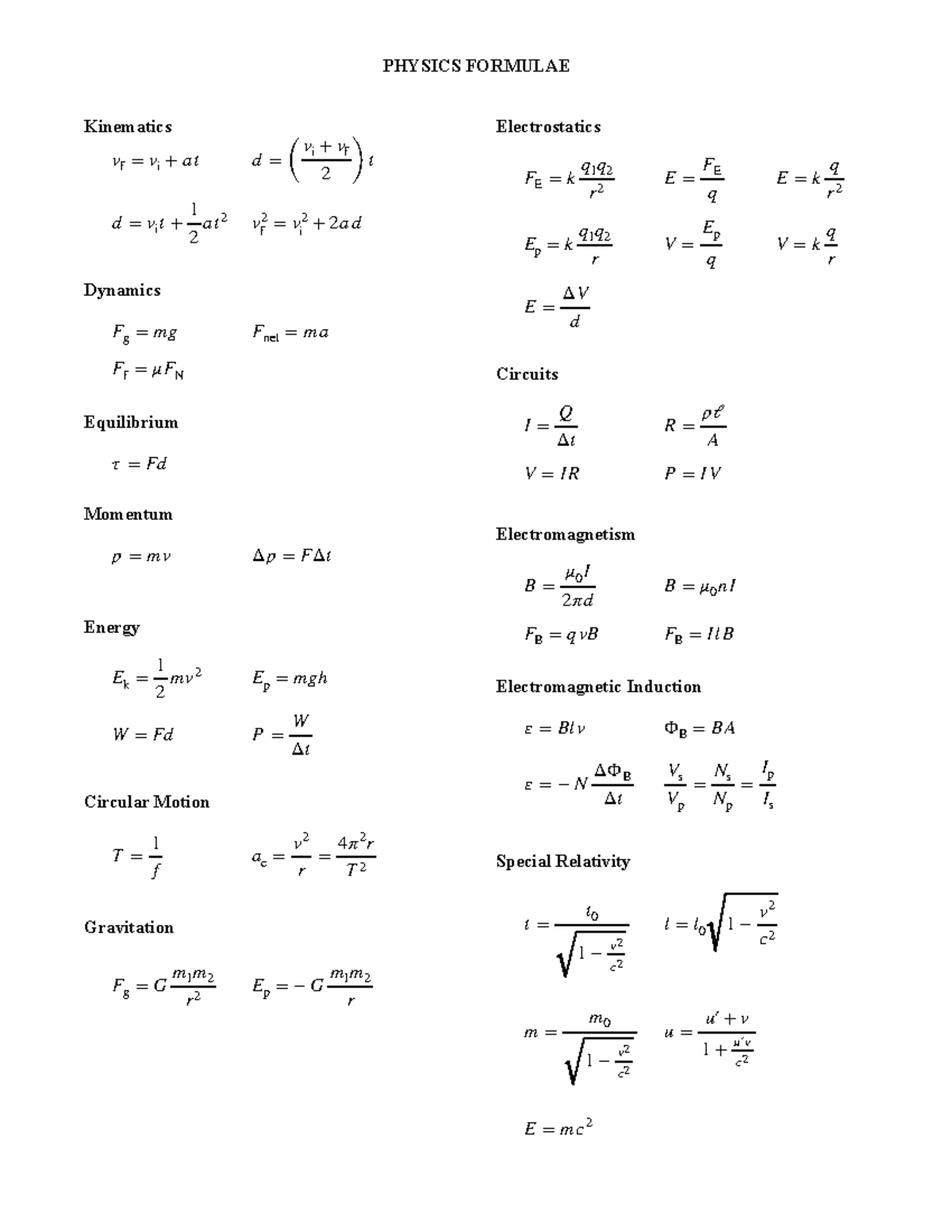 Formula Sheet Physics 12 - PHYSICS FORMULAE Kinematics !! !! Dynamics ...