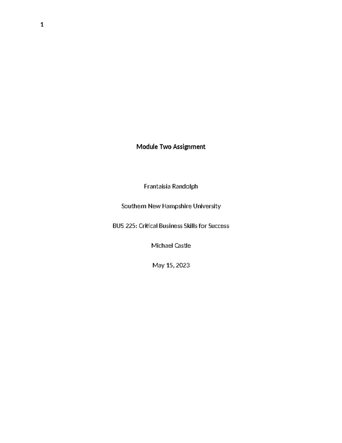 BUS225 Module Two Assignment - 1 Module Two Assignment Frantaisia ...