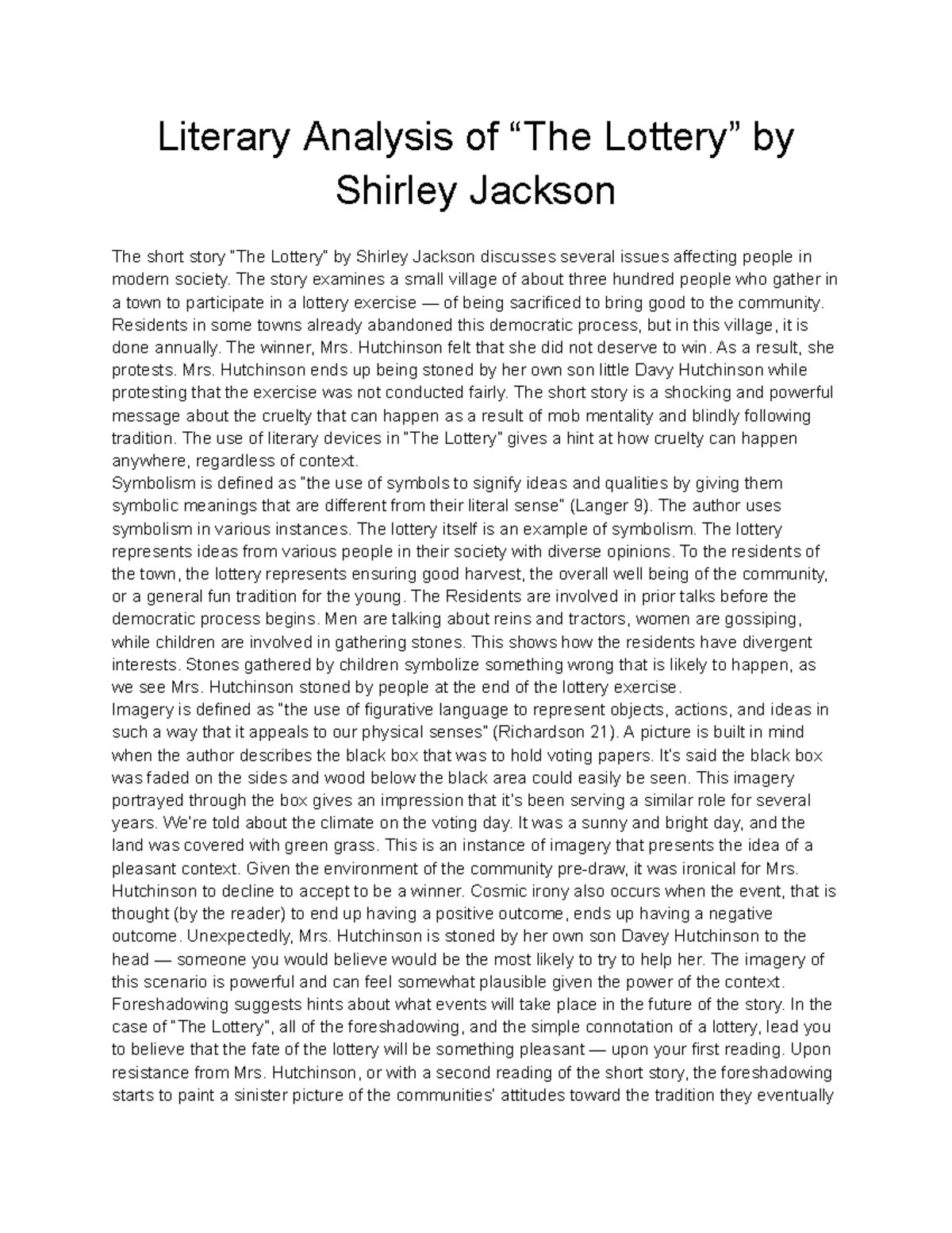 the lottery by shirley jackson literary analysis essay