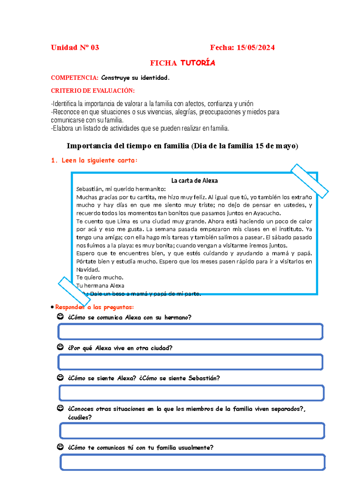 Ficha TUTO LUN 13 Tiempo EN Familia 933623393 PROF Yessenia - Unidad Nº ...