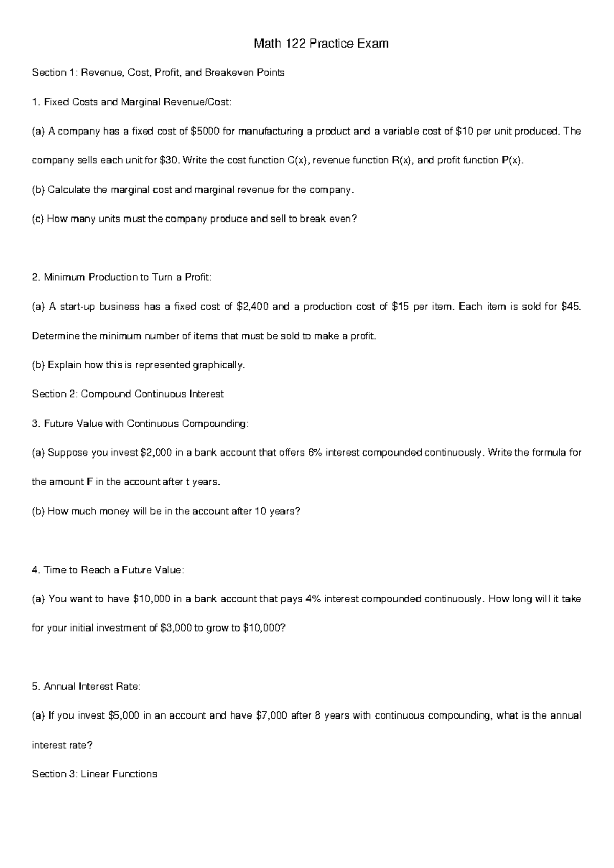Math 122 Practice Exam - Math 122 Practice Exam Section 1: Revenue ...