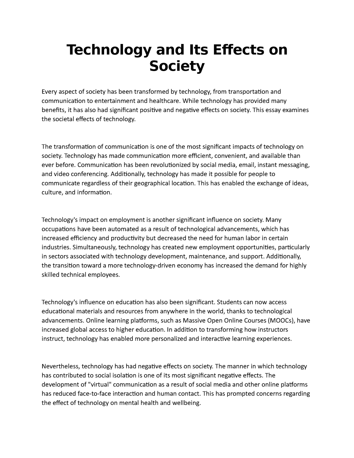 technology effects on society essay