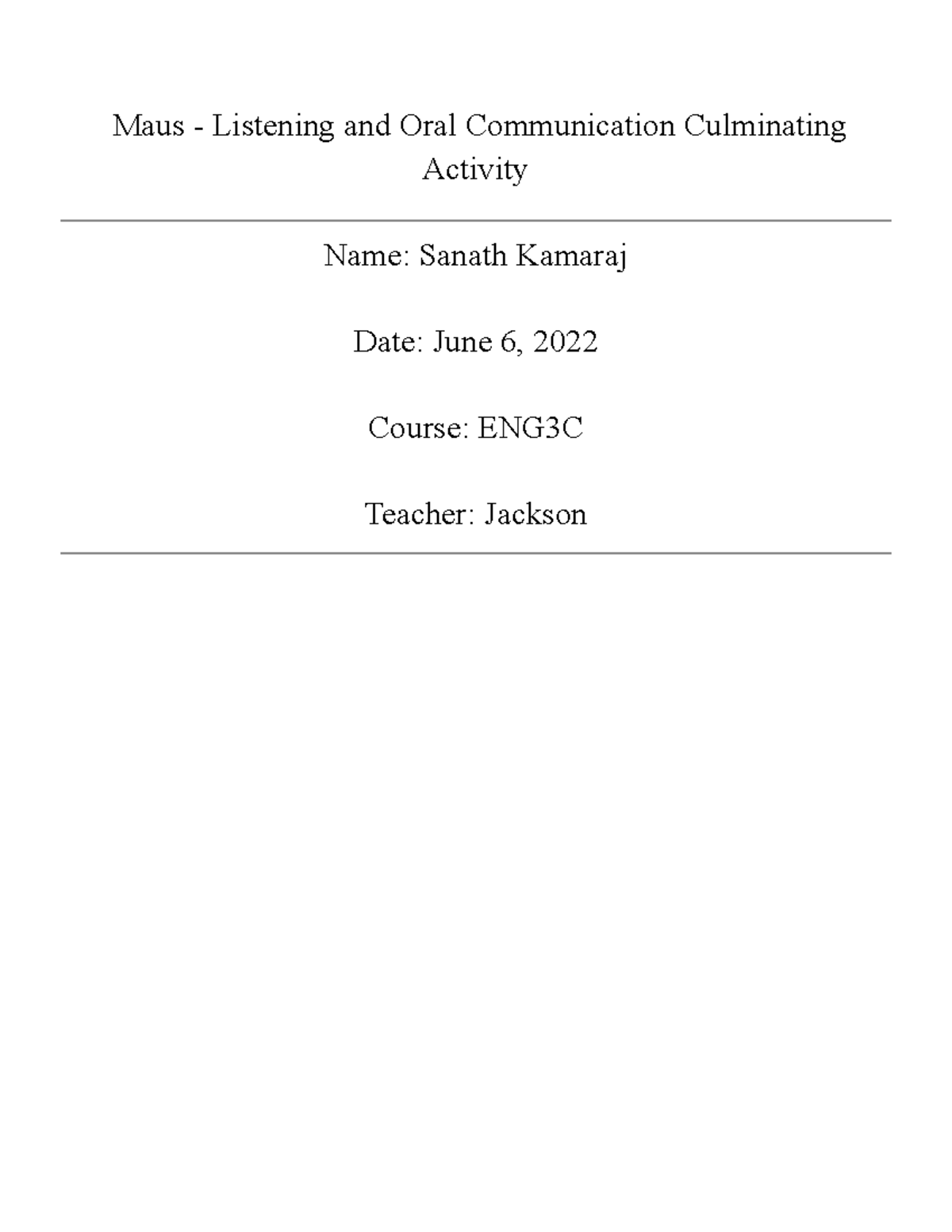 Maus Listening and Oral Communication Culminating Activity Maus