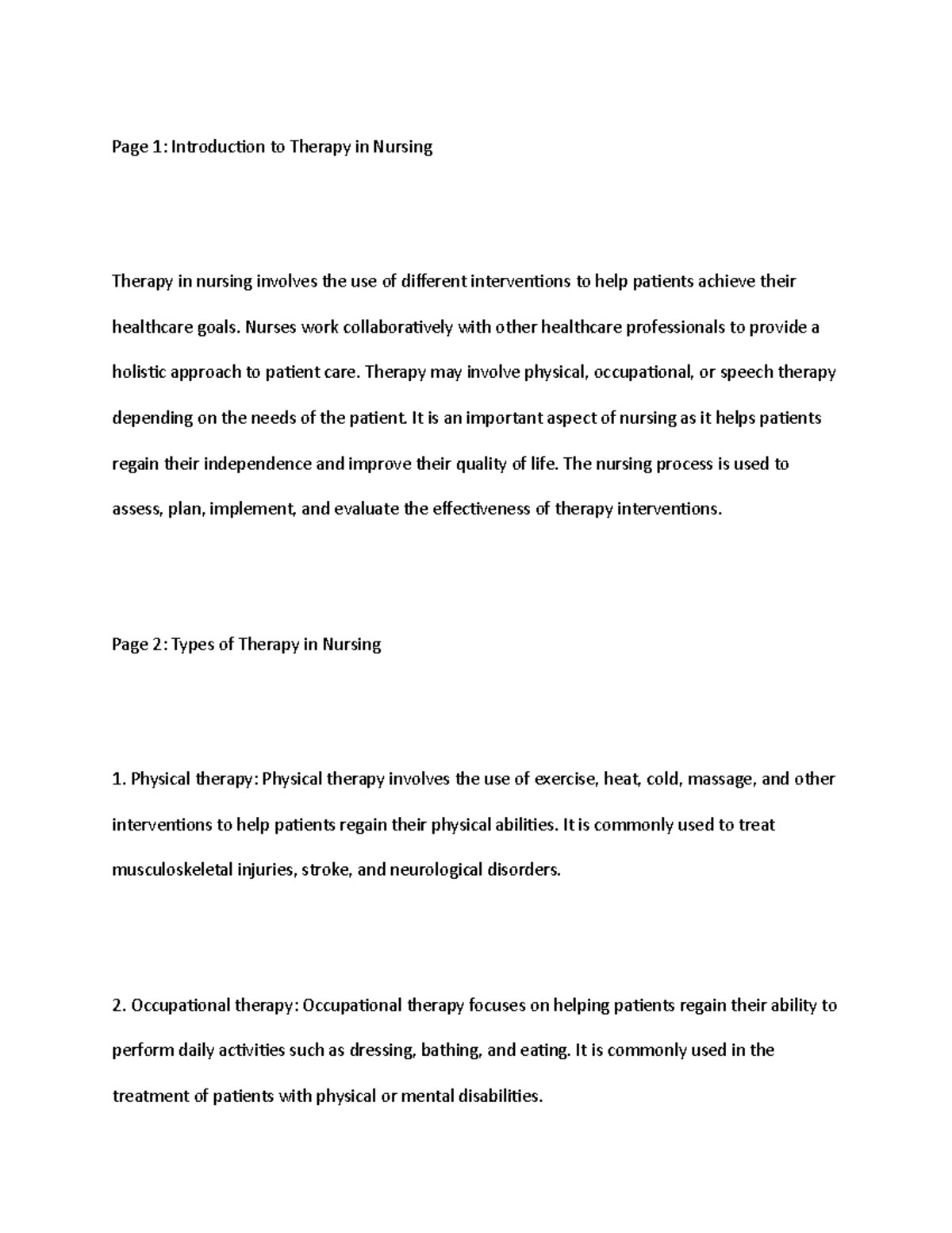 Nursing therapy Page 1 Introduction to Therapy in Nursing Therapy in