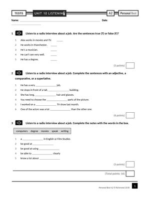 Personal Best A2 Unit 11 Reading test - 1 Personal Best A2 Richmond ...