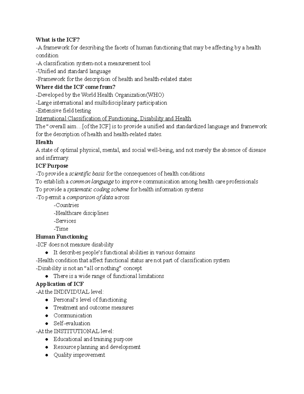 Test 1 LEI 4711 Study Guide - What is the ICF? -A framework for ...