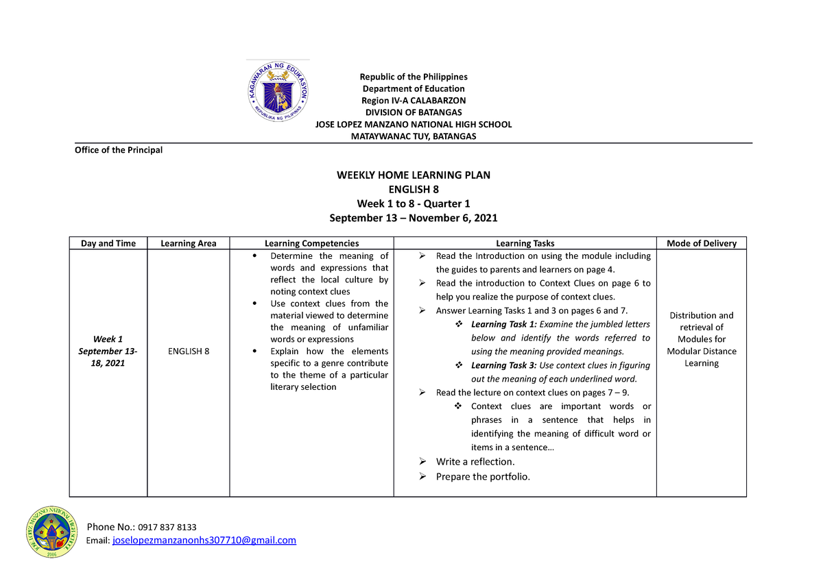 English 8 WHLP Q 1 - wlp - Republic of the Philippines Department of ...