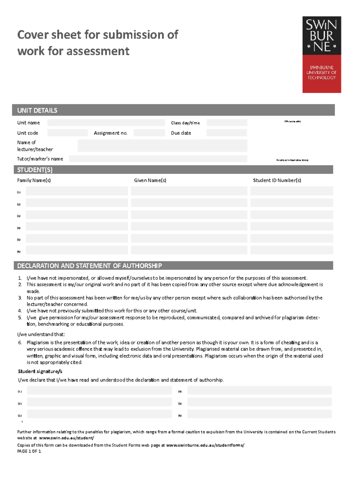 Cover Sheet for Submission of Work for Assessment - Cover sheet for ...