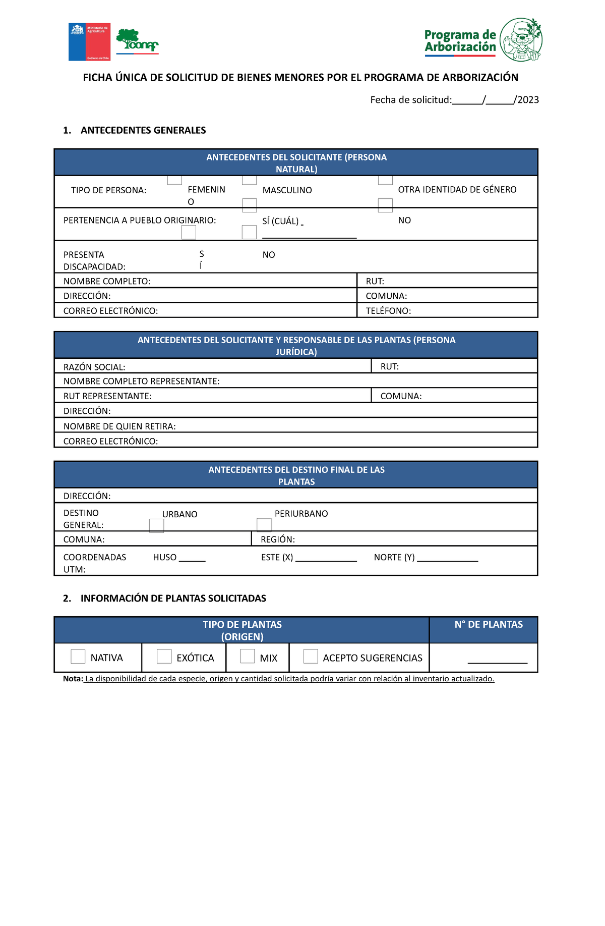 Ficha Única de Solicitud de Bienes Menores del Programa de Arborización 2023 Word FICHA ÚNICA