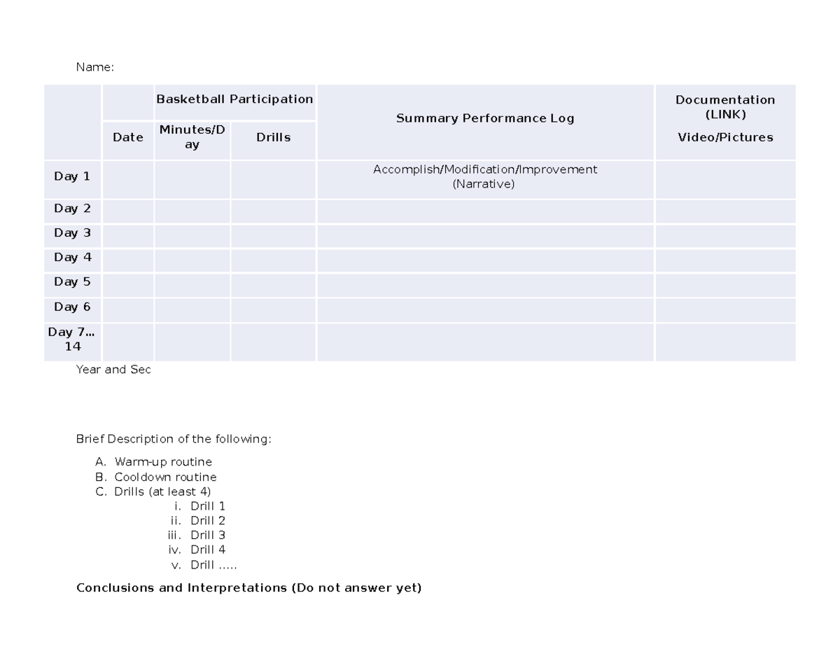 Template- Sports Activity Log - Name: Basketball Participation Summary ...