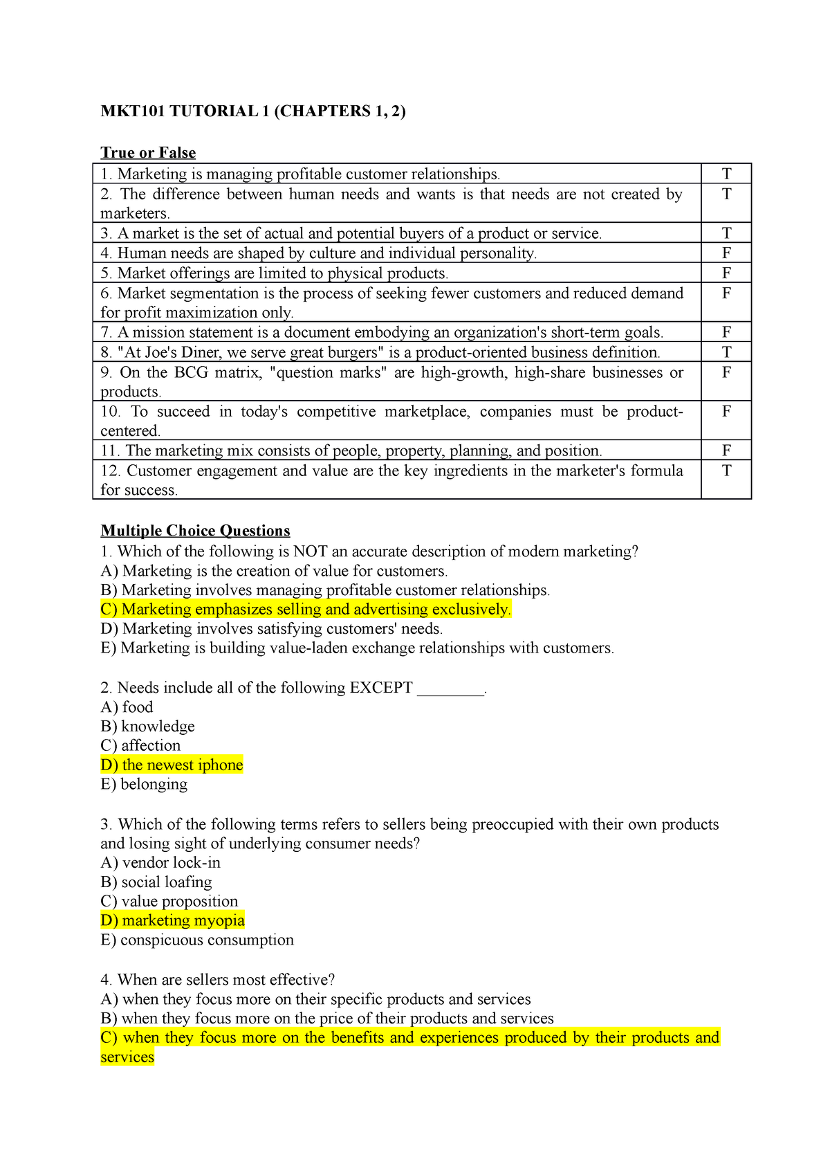 MKT101 Tutorial 1 Answers Aug 2022 - MKT101 TUTORIAL 1 (CHAPTERS 1, 2 ...