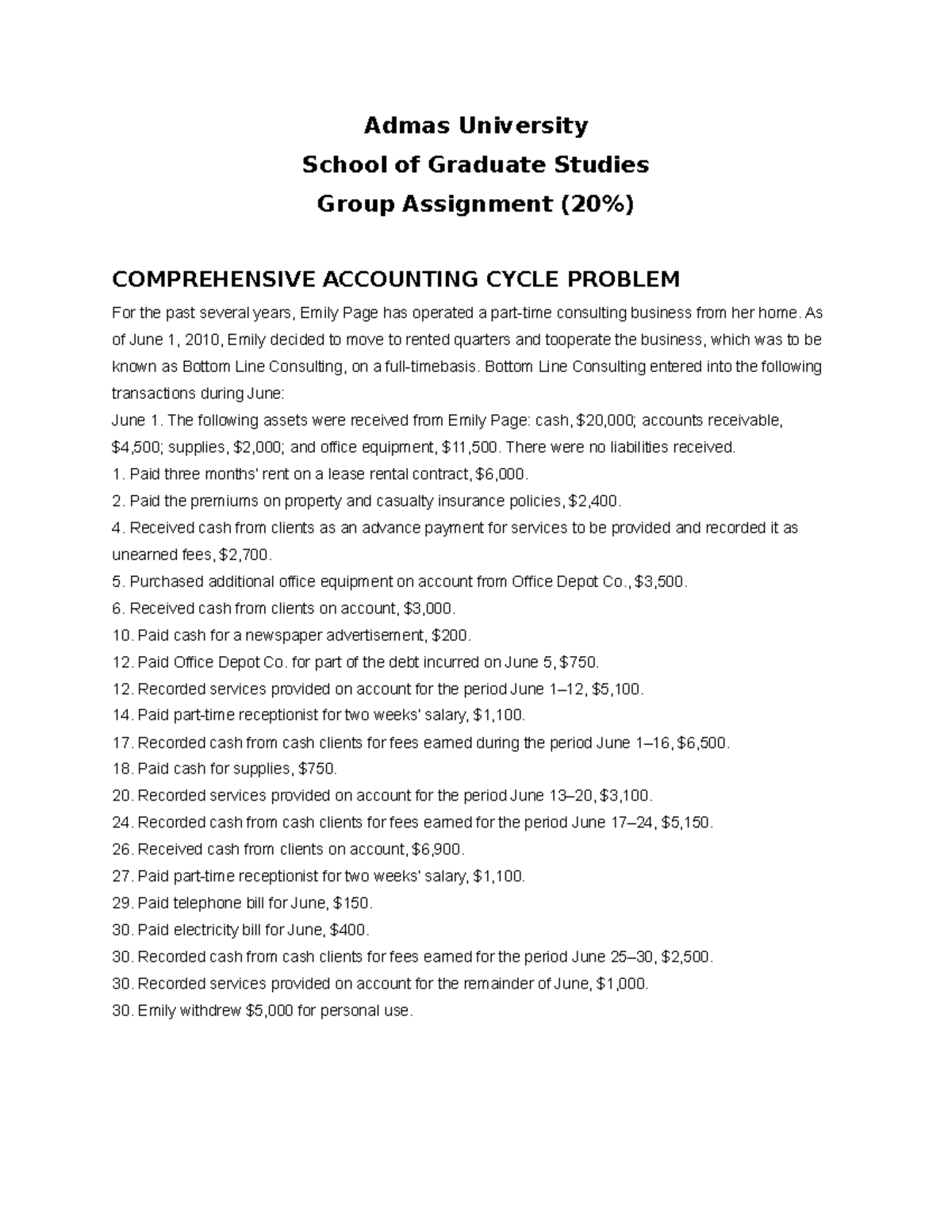 Assignment I comprehensive accounting cycle - Admas University School ...
