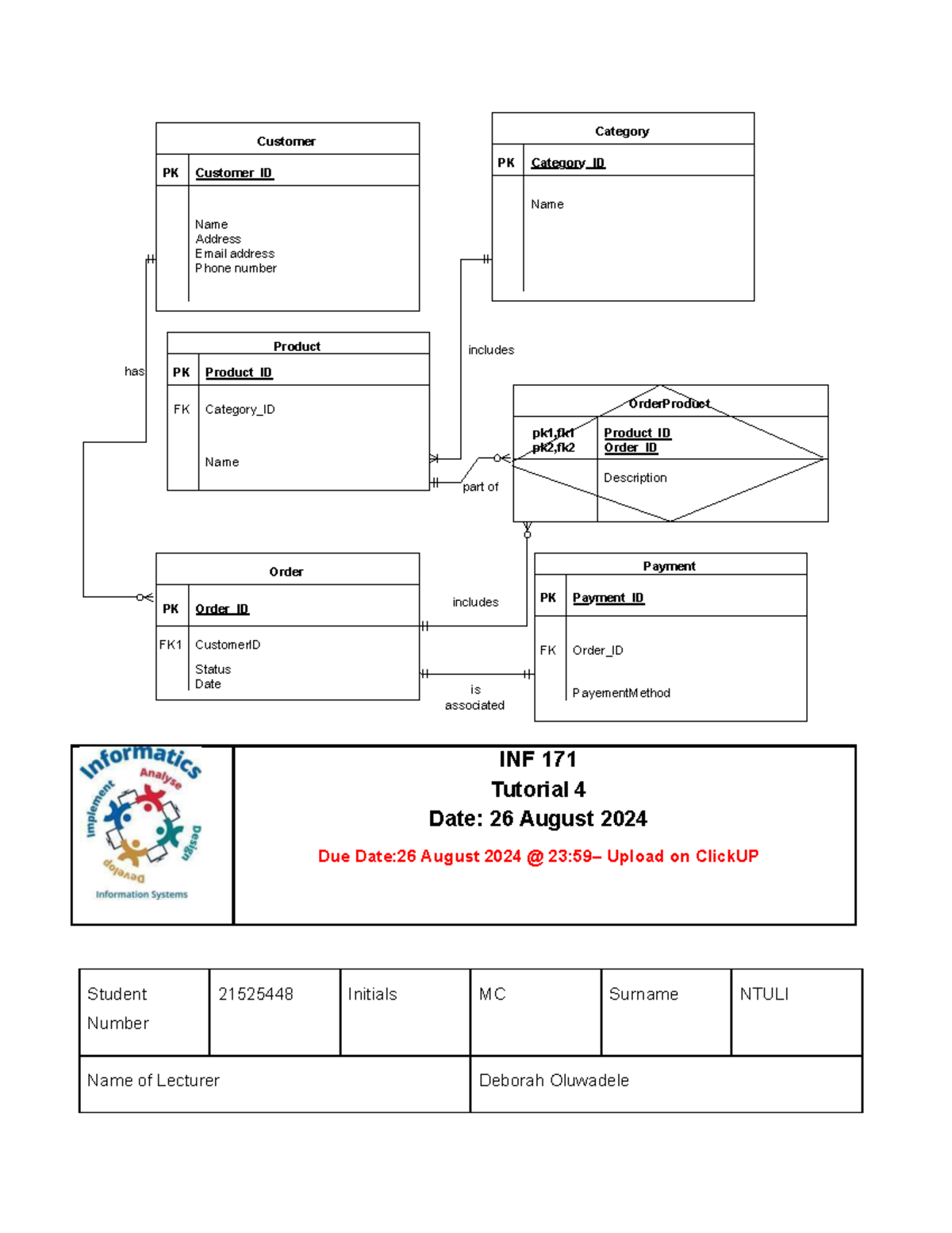 U21525448 - ERD - INF 171 Tutorial 4 Date: 2 6 August 2024 Due Date:2 6 ...