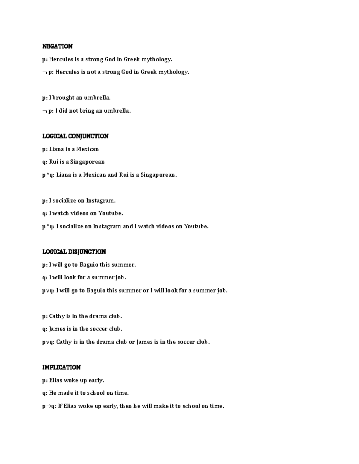 Seatwork propositions and logical Connectives - NEGATION p: Hercules is ...