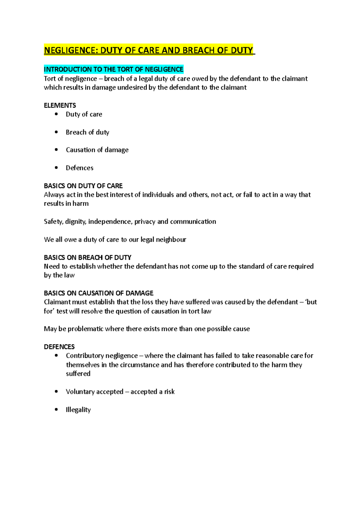 Negligence - DUTY OF CARE AND Breach OF DUTY - NEGLIGENCE: DUTY OF CARE ...