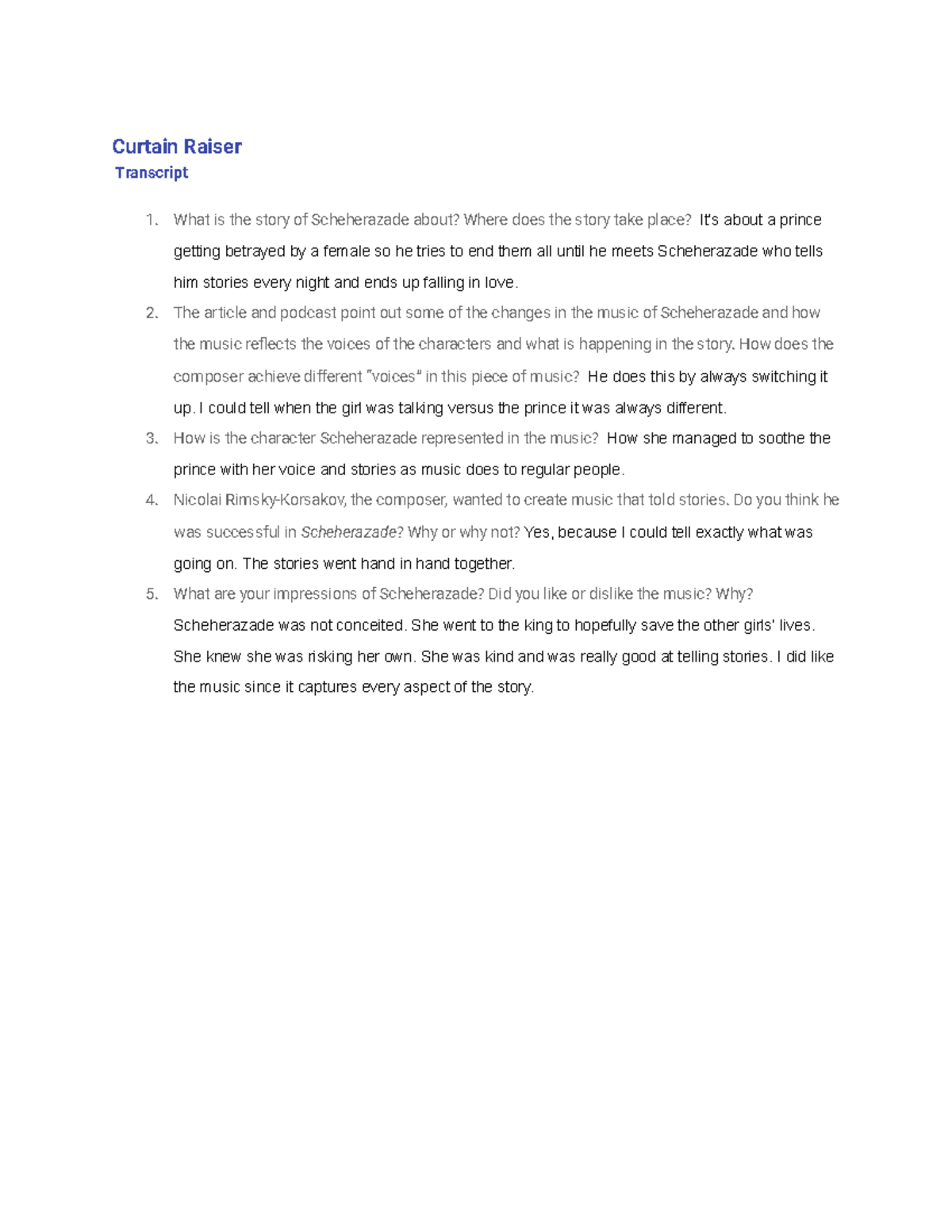 curtain raisers project music appreciation. Curtain Raiser Transcript