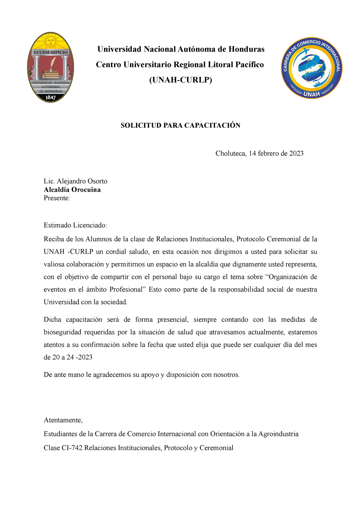 Carta De Solicitud Para Capacitación Protocolo Universidad Nacional Autónoma De Honduras 2657