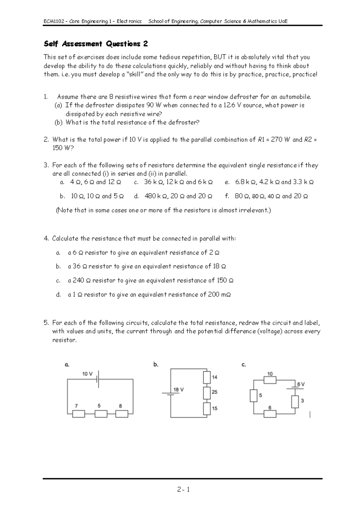 Electronics ECM 1102 self assessment questions 2 ECM1102 Core