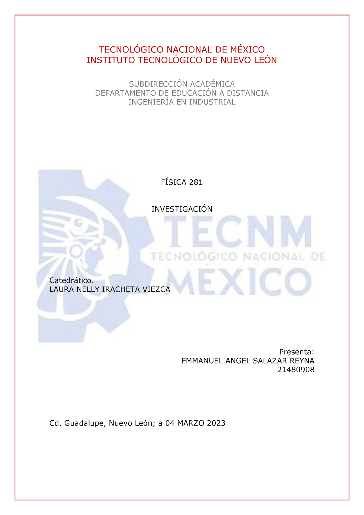 Fisica Investigacion - Pdf - TECNOL”GICO NACIONAL DE M.. INSTITUTO ...