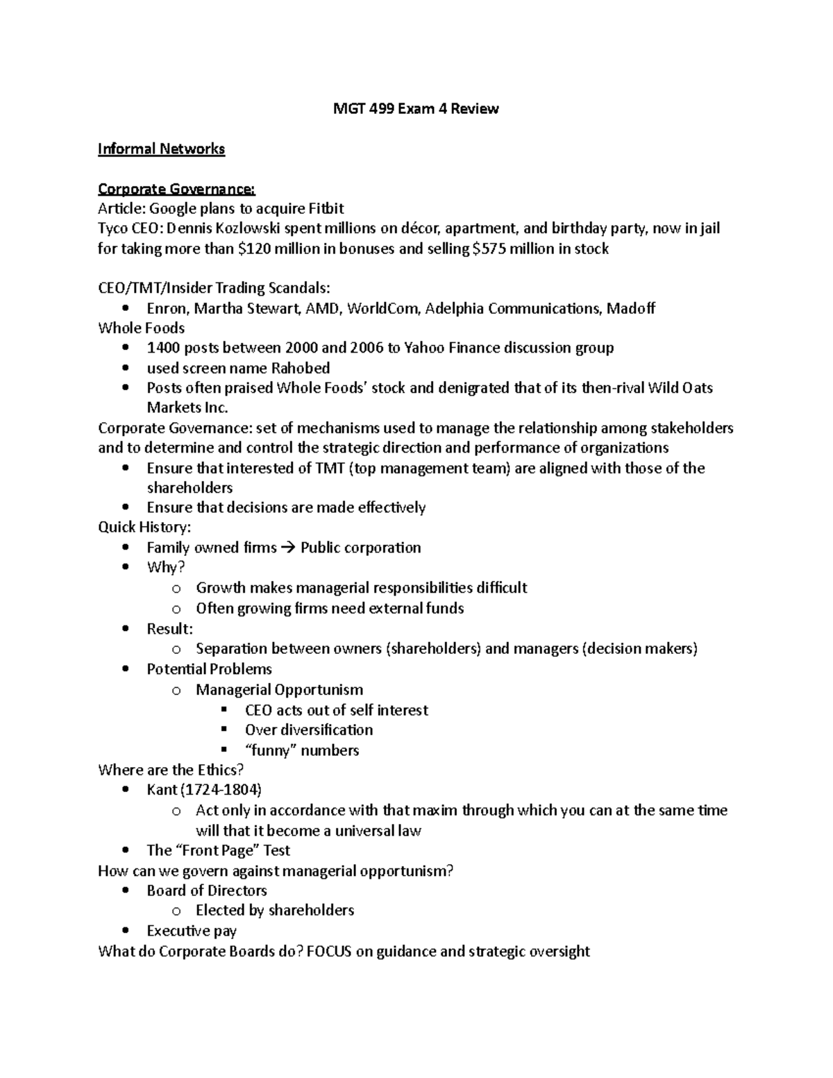 MGT 499 Exam 4 Review - Lecture notes Exam 4 - StuDocu